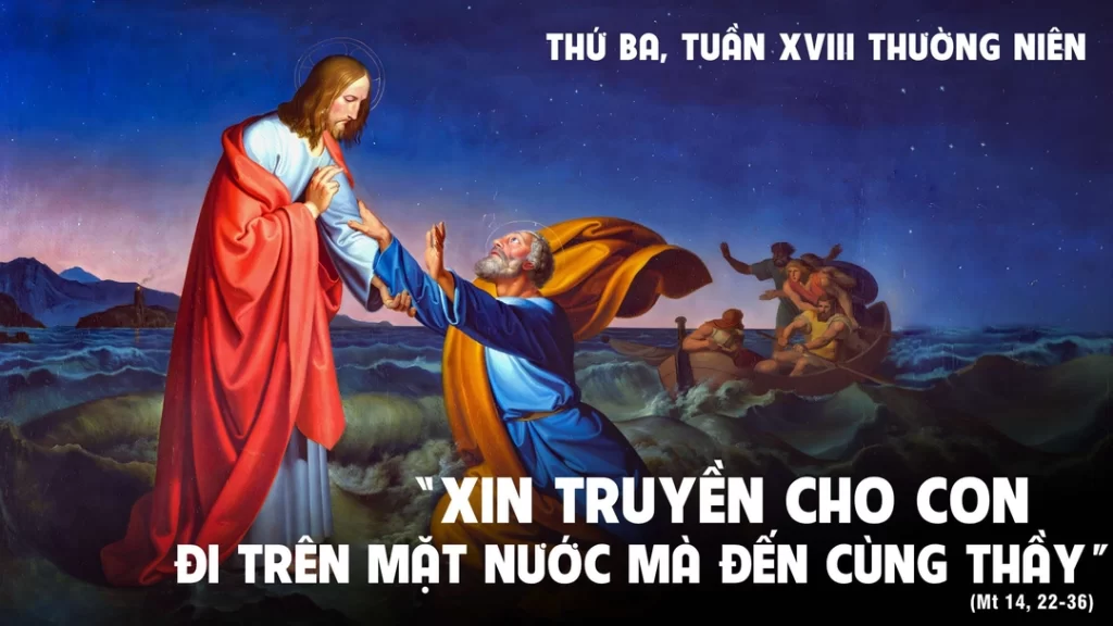Ông Phê-rô liền thưa với Người: “Thưa Ngài, nếu quả là Ngài, thì xin truyền cho con đi trên mặt nước mà đến với Ngài”.  Đức Giê-su bảo ông: “Cứ đến!”...