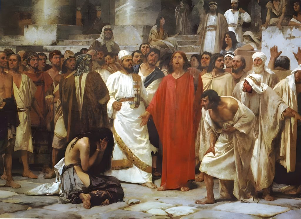 “Này chị, họ đâu cả rồi? Không ai lên án chị sao?”. Người đàn bà đáp: “Thưa ông, không có ai cả”. Đức Giê-su nói: “Tôi cũng vậy, tôi không lên án chị đâu! Thôi chị cứ về đi, và từ nay đừng phạm tội nữa!”.