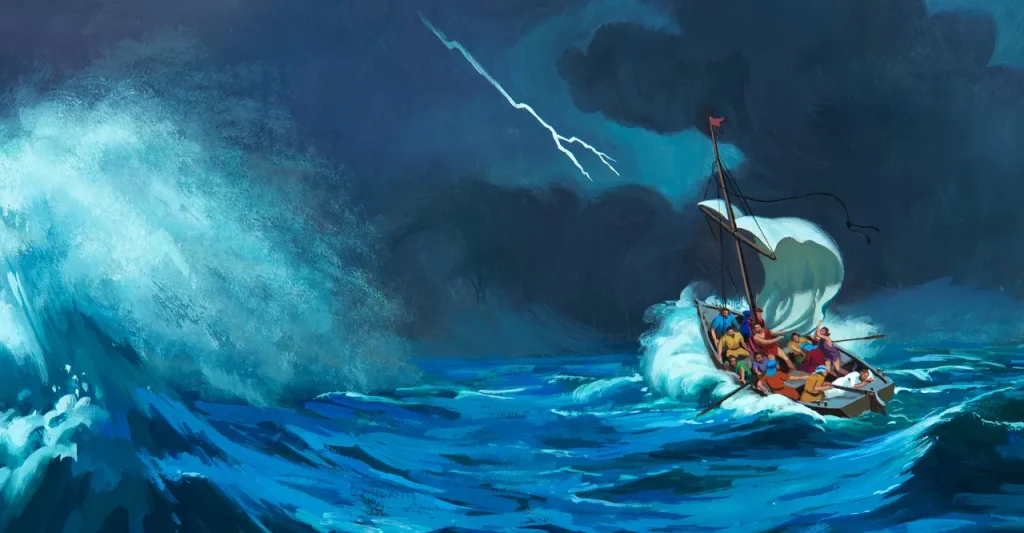 Khi đã chèo được chừng năm hoặc sáu cây số, các ông thấy Đức Giê-su đi trên mặt Biển Hồ và đang tới gần thuyền. Các ông hoảng sợ. Nhưng Người bảo các ông: “Thầy đây mà, đừng sợ!”...